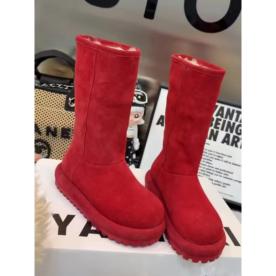 牛皮版~欧货厚底长筒雪地靴女冬季羊羔毛两穿红色靴子新款毛毛靴