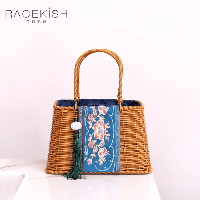 racekish茶色梯形花朵手提包2款户外出行大容量时尚收纳包民族风