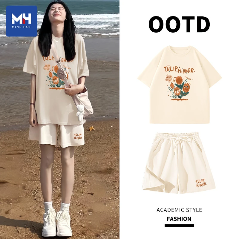 唐狮集团MH短袖t恤女夏季潮牌圆领宽松纯棉半袖奶白色洋气两件套
