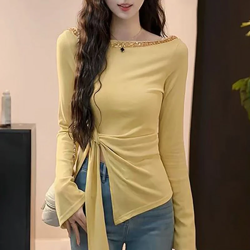 2025夏新款设计感修身显瘦纯欲风打底衫不规则长袖T恤衫女