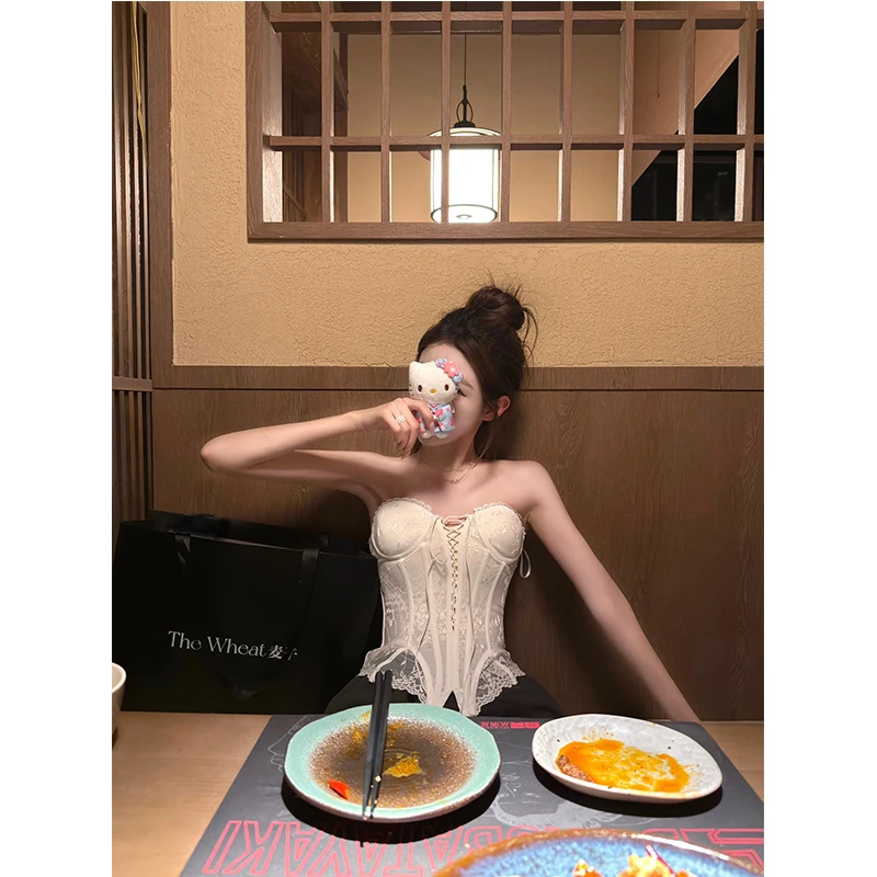 夏季新款纯欲风白色蕾丝花边拼接网纱鱼骨抹胸女辣妹外穿胸衣百搭