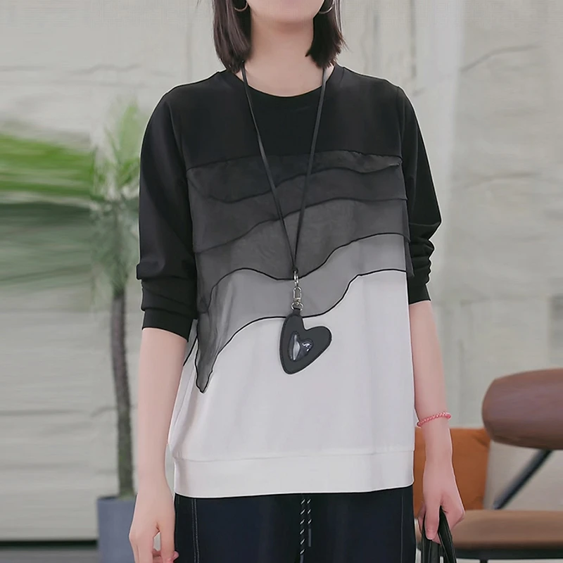 女士圆领撞色T恤2025秋季新款时尚减龄宽松大码显瘦网纱拼接上衣