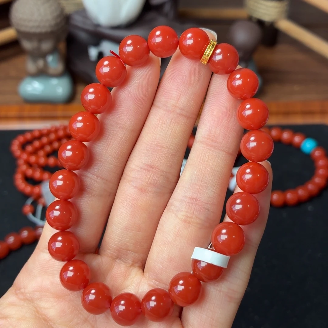 南红玛瑙18K金镶嵌手串保山原矿南红官坡锦红卡8+