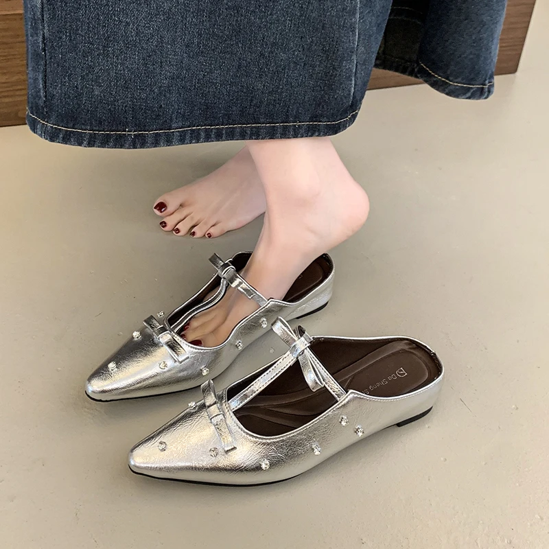法式尖头水钻双蝴蝶结单鞋女2025新款时尚内增高半拖鞋银色穆勒鞋