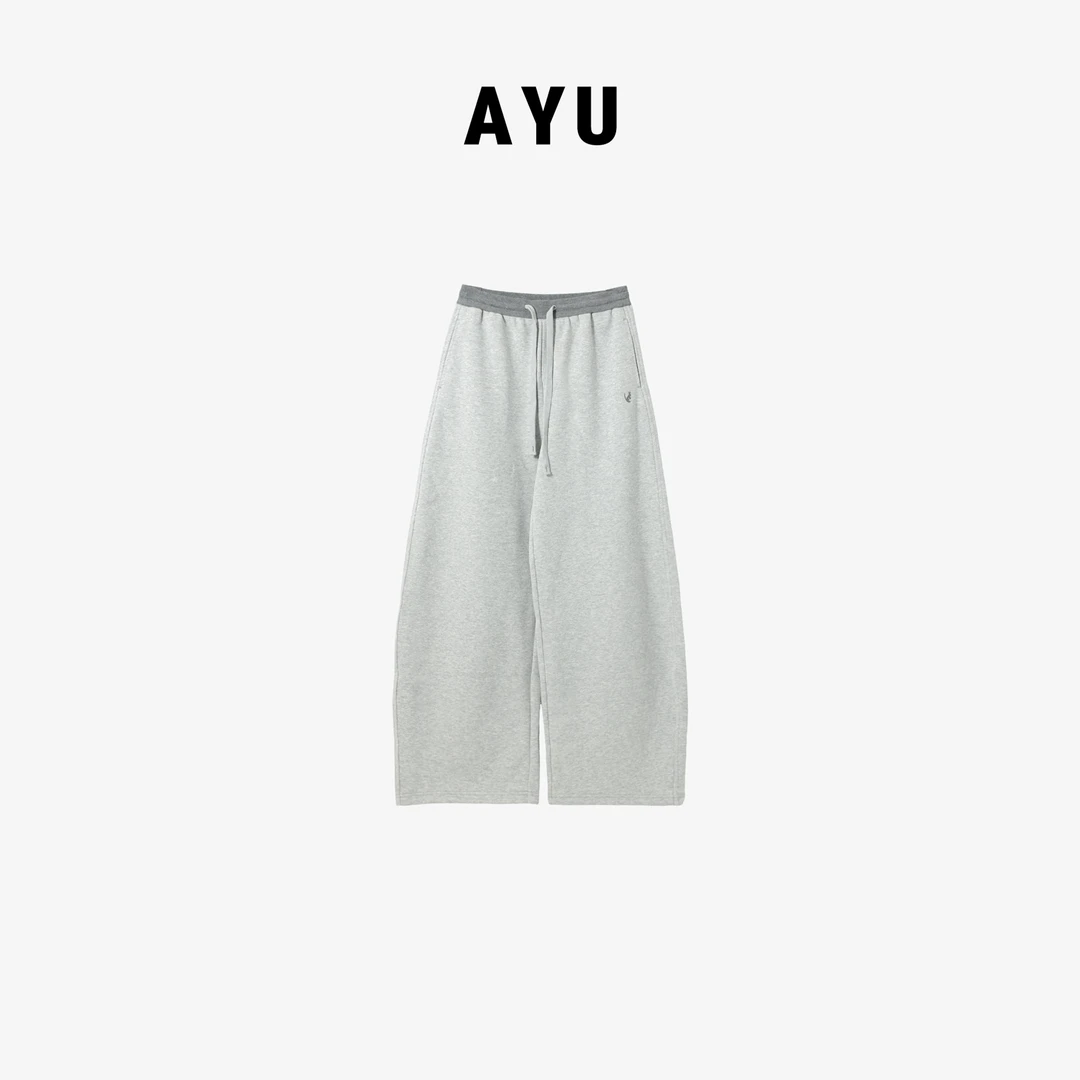 阿玉家&秋冬加绒袋鼠刺绣阔腿拼接休闲弯刀裤腰拼色卫裤#40111