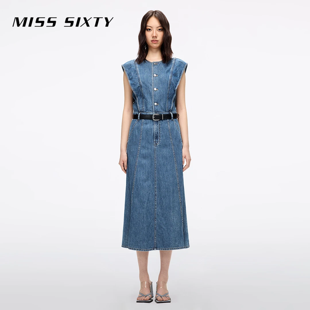 Miss Sixty2025夏季新款牛仔连衣裙女配腰带含天丝无袖修身复古风