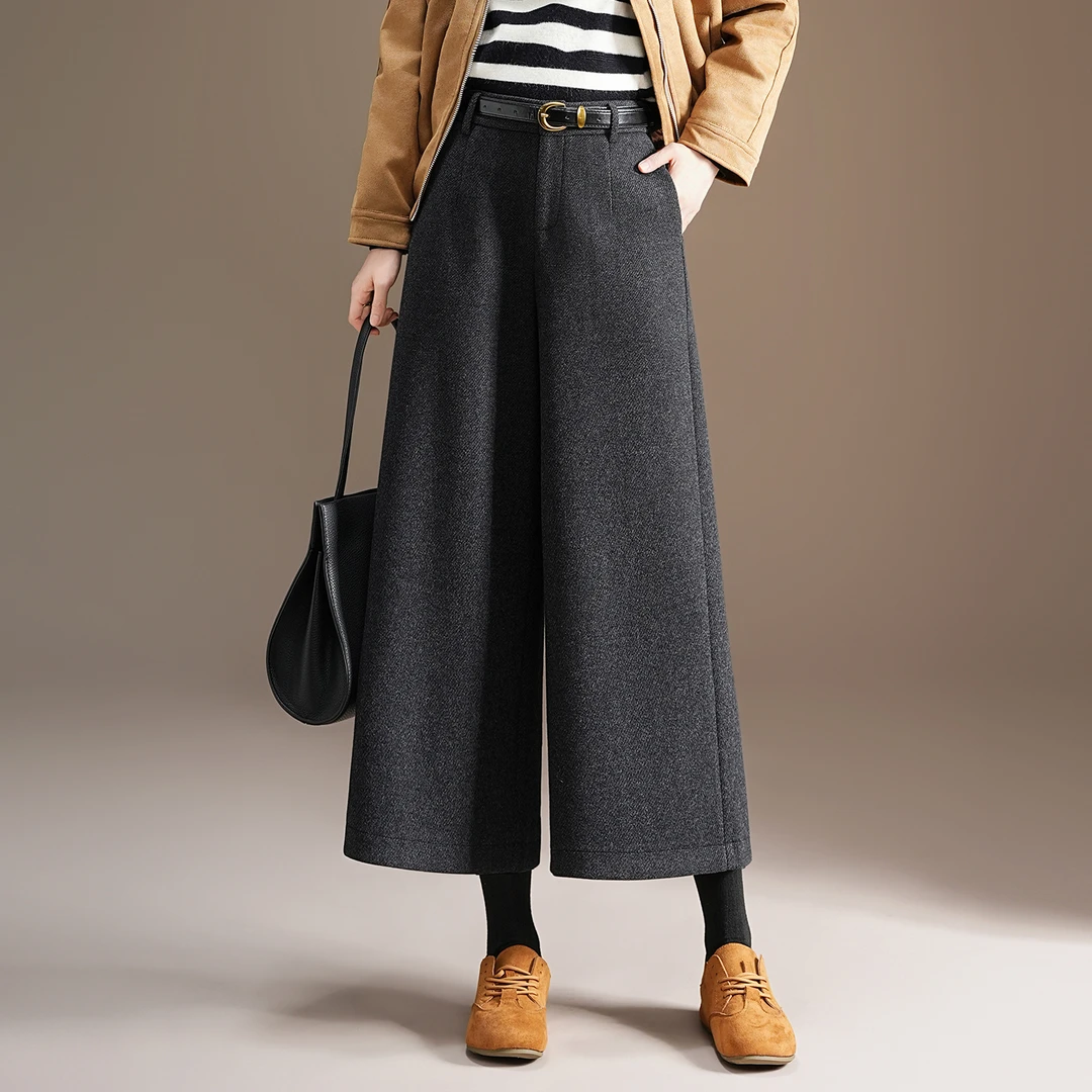 通勤羊毛呢八分阔腿裤厚款女2025新款高腰宽松大脚裤百搭休闲裤子