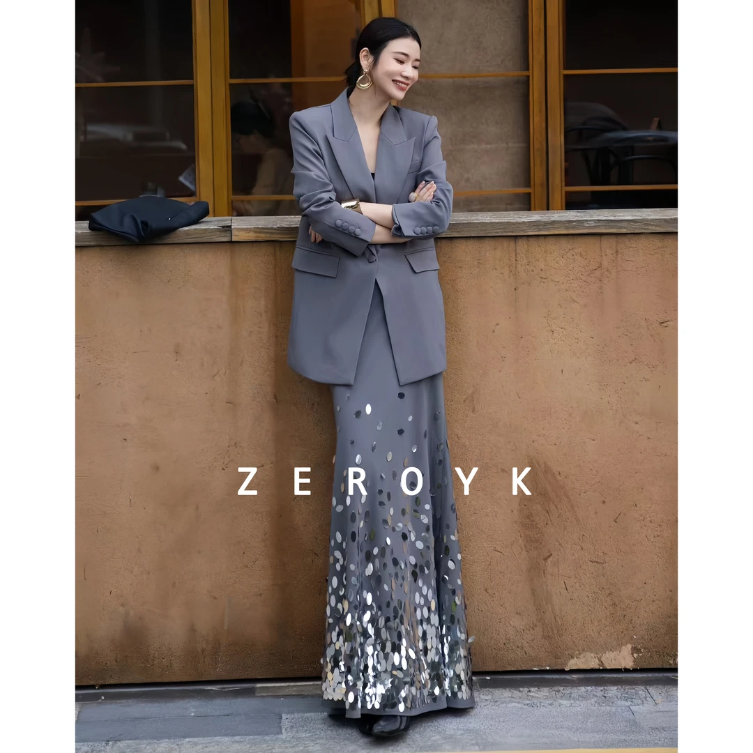 ZEROYK 翎蔻2025秋冬高定款气质显瘦显高西装亮片半裙套装两件套