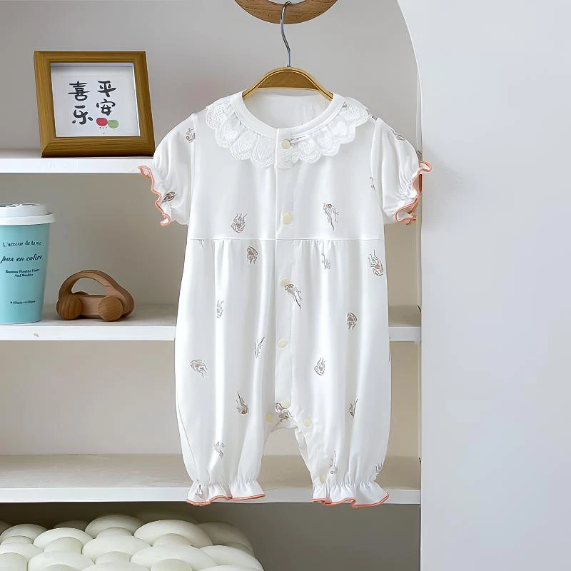 女宝夏季短袖连体衣飞袖碎花2025夏季洋气时髦女宝冰丝高弹夏装