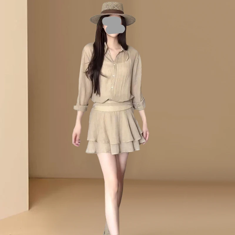 新中式禅意防晒穿搭温柔气质超好看v领长袖衬衫a字短裙两件套装女