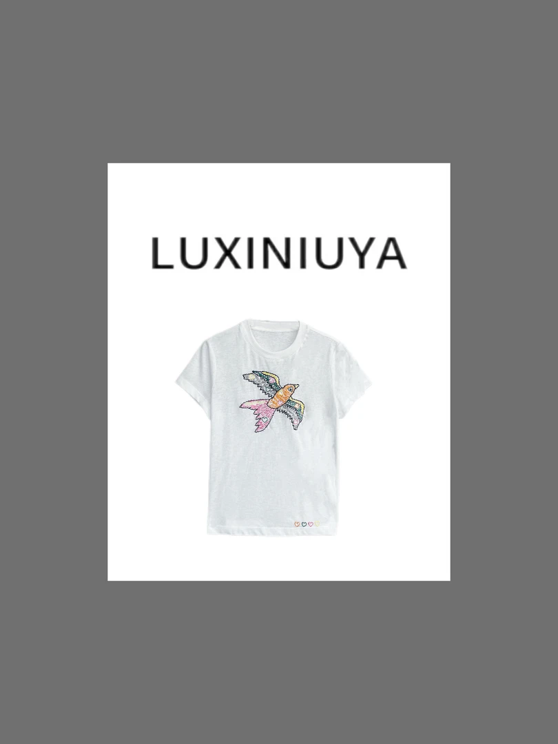【LUXINIUYA】夏季新款重工彩刺绣鸟设计短袖T恤#CX3319