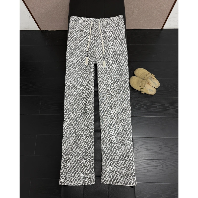 小香风针织斜纹重磅卫裤男款秋冬加绒加厚休闲裤直筒垂感阔腿裤子