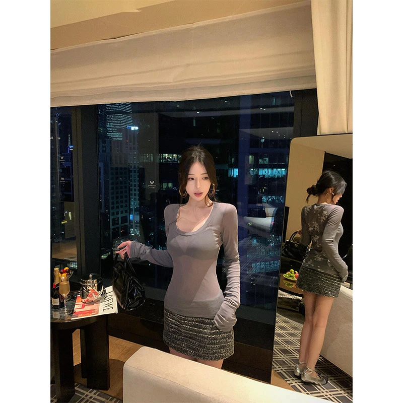 纯欲时尚套装高级感休闲百搭小众薄款长袖上衣高腰半身裙短裙套装