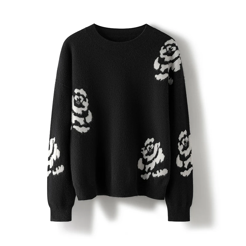 圆领套头山茶花宽松版纯山羊绒宽松版休闲提花上衣长袖女士秋冬