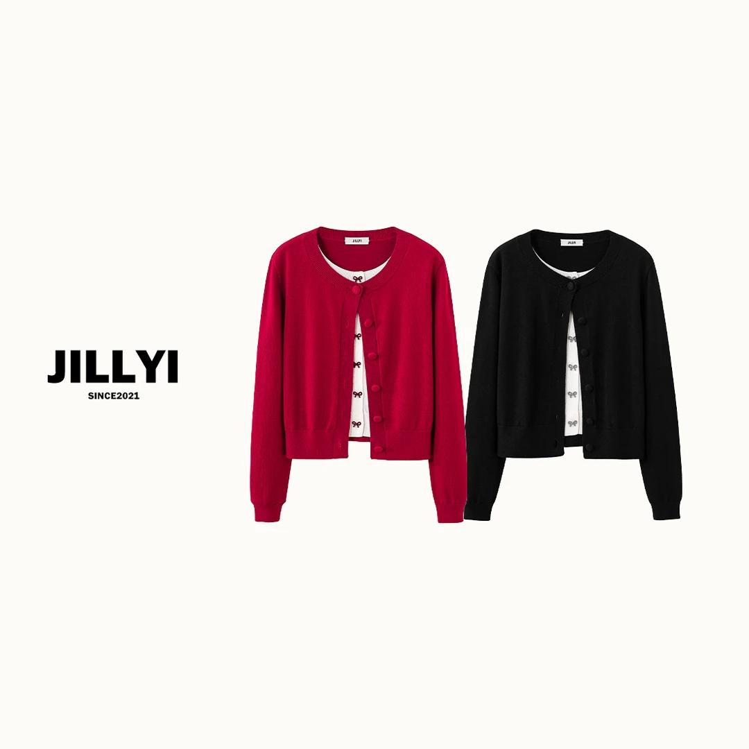 jillyi【蝴蝶低语】双色圆领单排扣少女气质时尚百搭假两件针织开衫