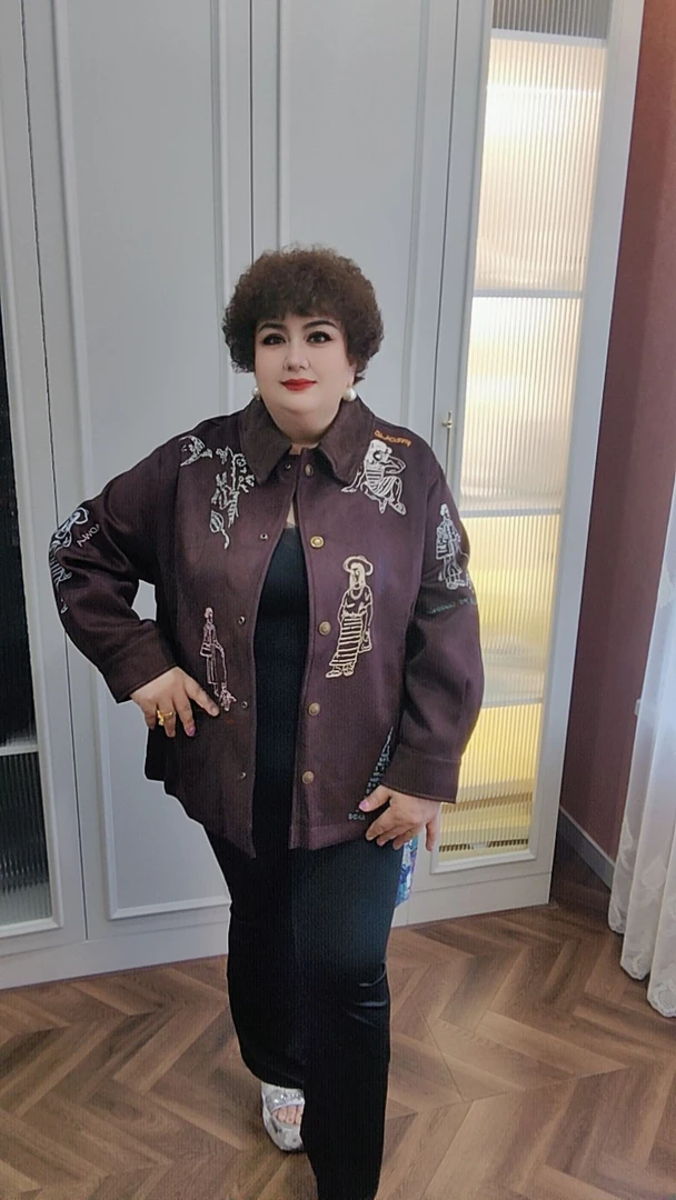 女士大码女装刺绣鹿皮绒重工中长款外套