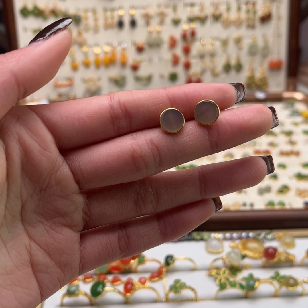 和田玉银S925镀金镶嵌耳饰