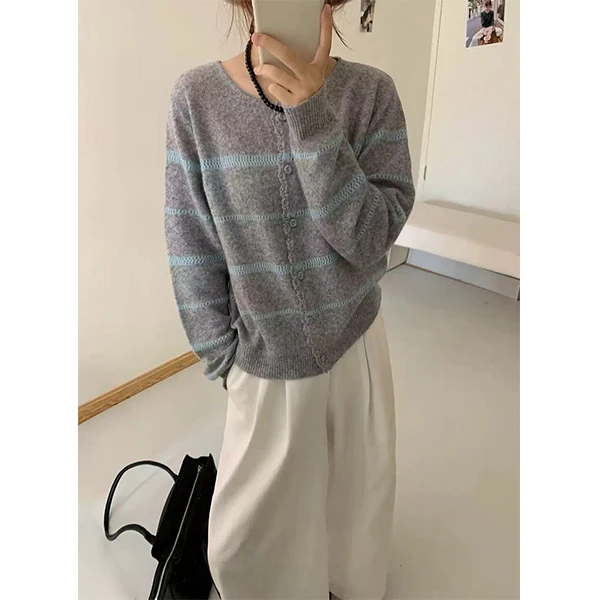 【花边门襟钩花镂空灰色单排扣开衫】针织衫宽松显瘦休闲时尚百搭
