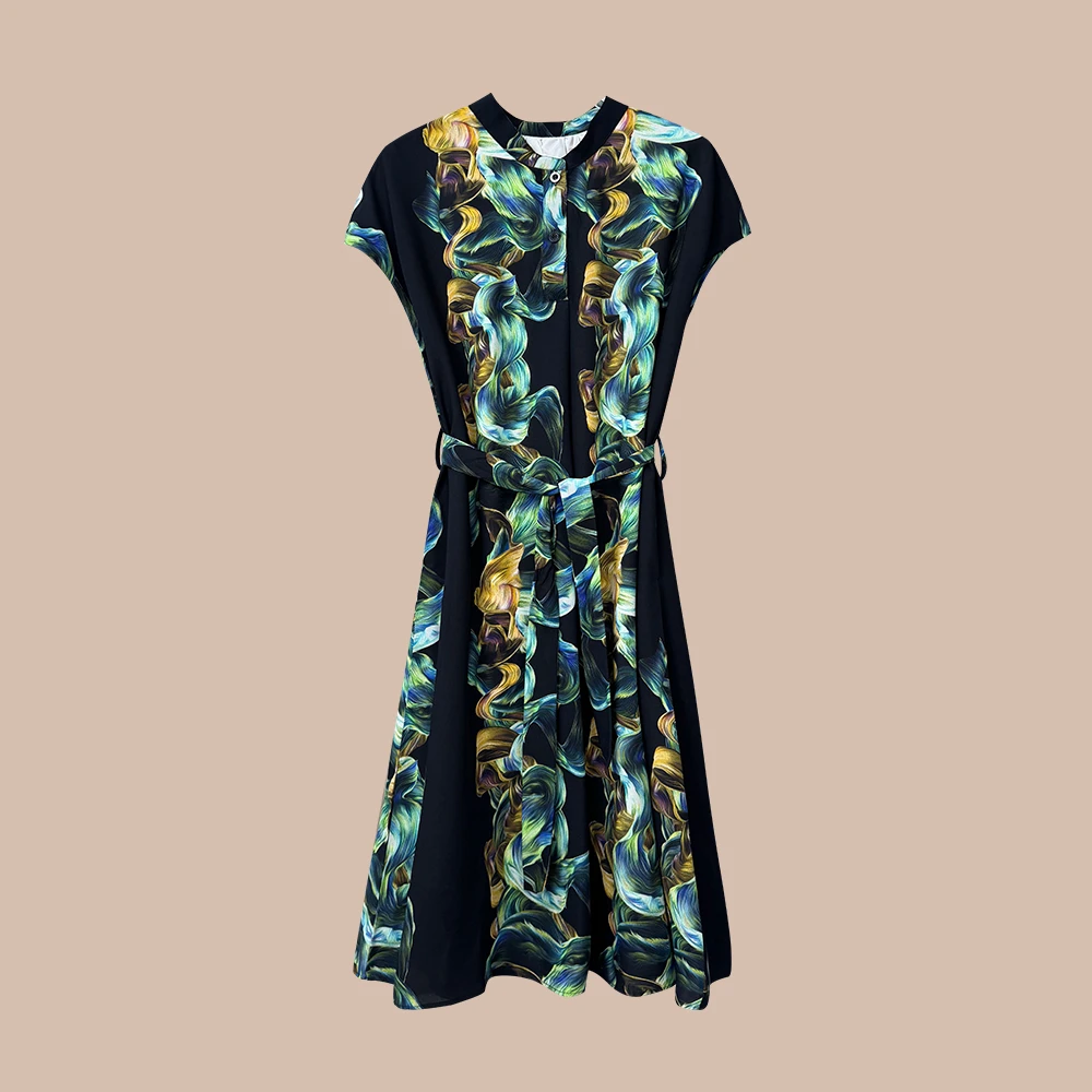 2025新款宽松连衣裙气质设计师连衣裙满印圆领时尚休闲女士（203）