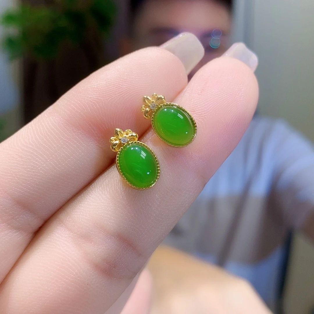 和田玉（碧玉）银S925镀金镶嵌耳饰