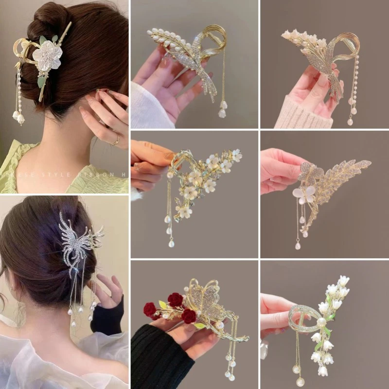 铃兰花流苏盘发八字抓夹高端后脑勺古风发夹女发卡夏季花朵鲨鱼夹