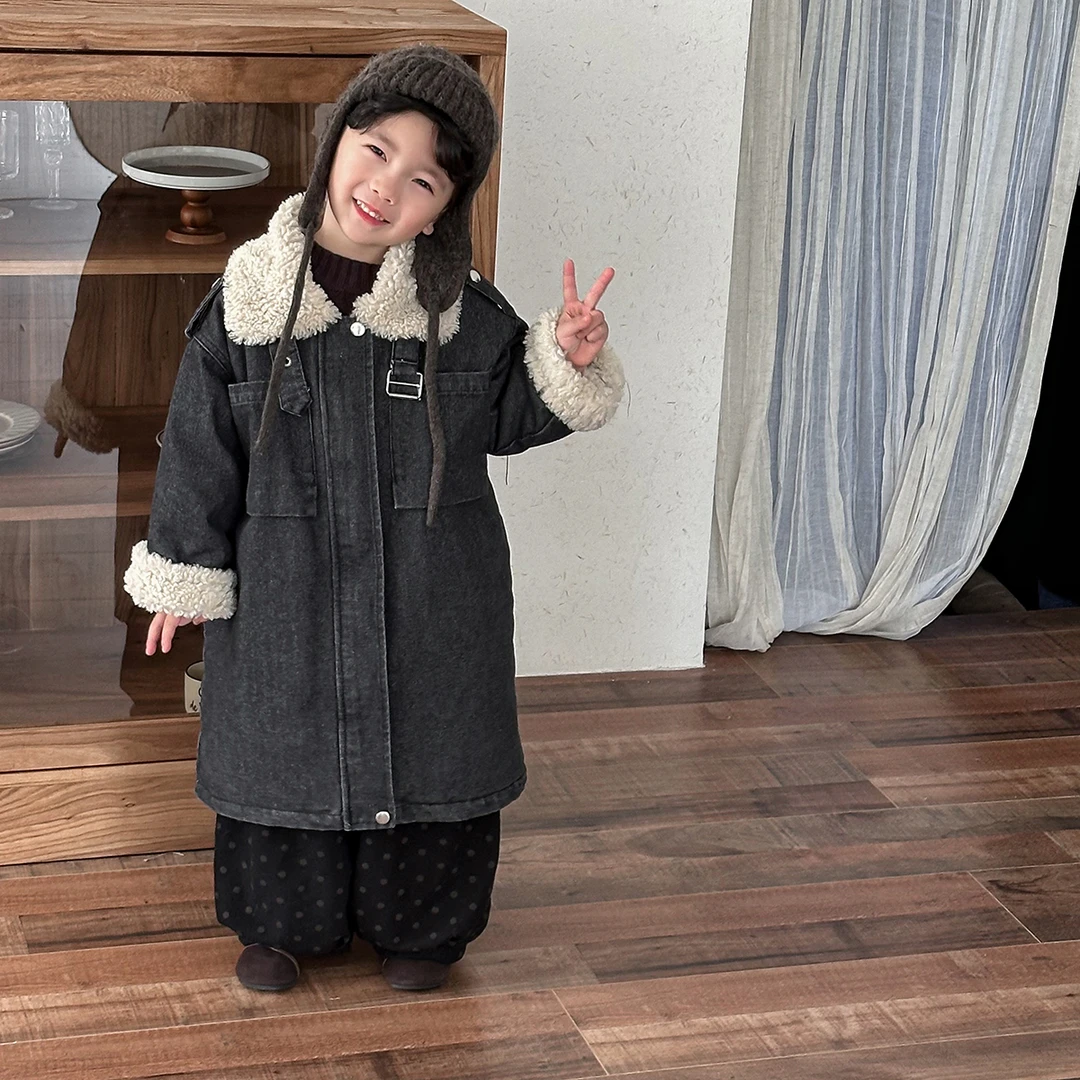 暮晨家冬装2024男童女童羊羔毛加厚牛仔大衣中小童中长款风衣外套