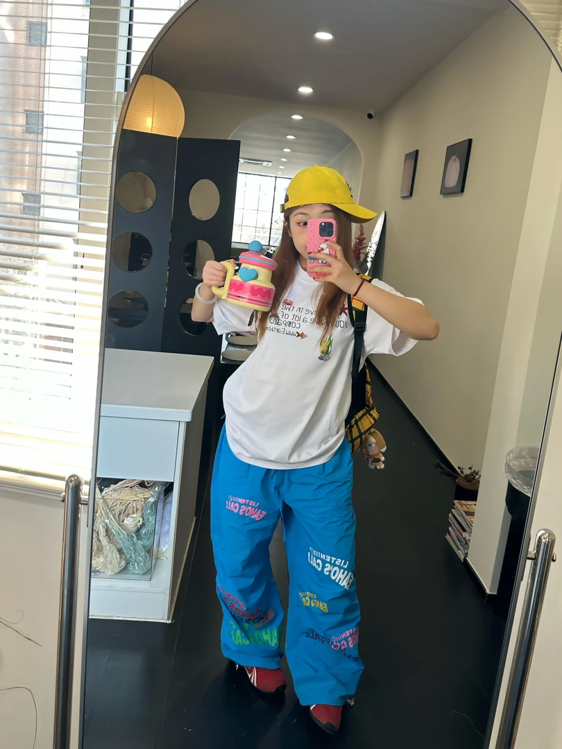 美式潮牌字母印花抽绳伞兵裤女夏季薄款小个子宽松休闲舞蹈阔腿裤