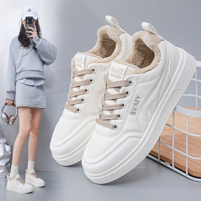 加绒女鞋2025新款爆款厚底防滑时尚百搭冬季保暖轻便平底运动板鞋