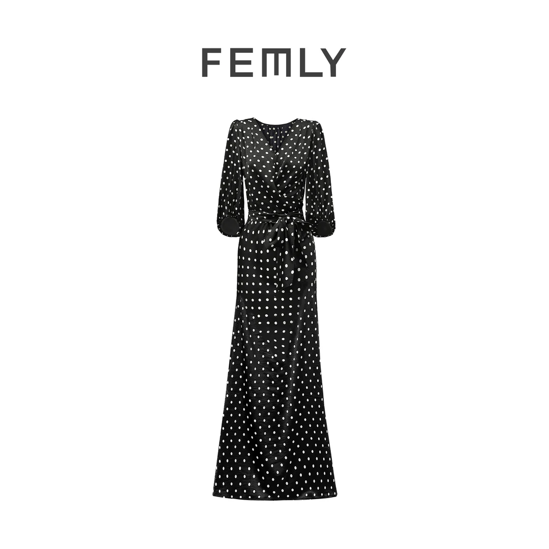 FEMLY/法曼丽  简约复古气质法式优雅波点长裙3186