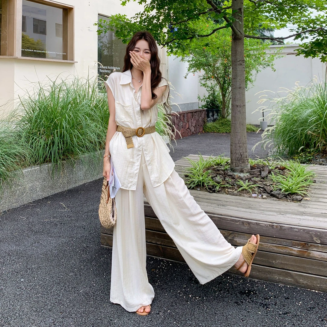 韩系轻熟风气质显瘦套装女2025夏新款温柔风无袖衬衫阔腿裤两件套