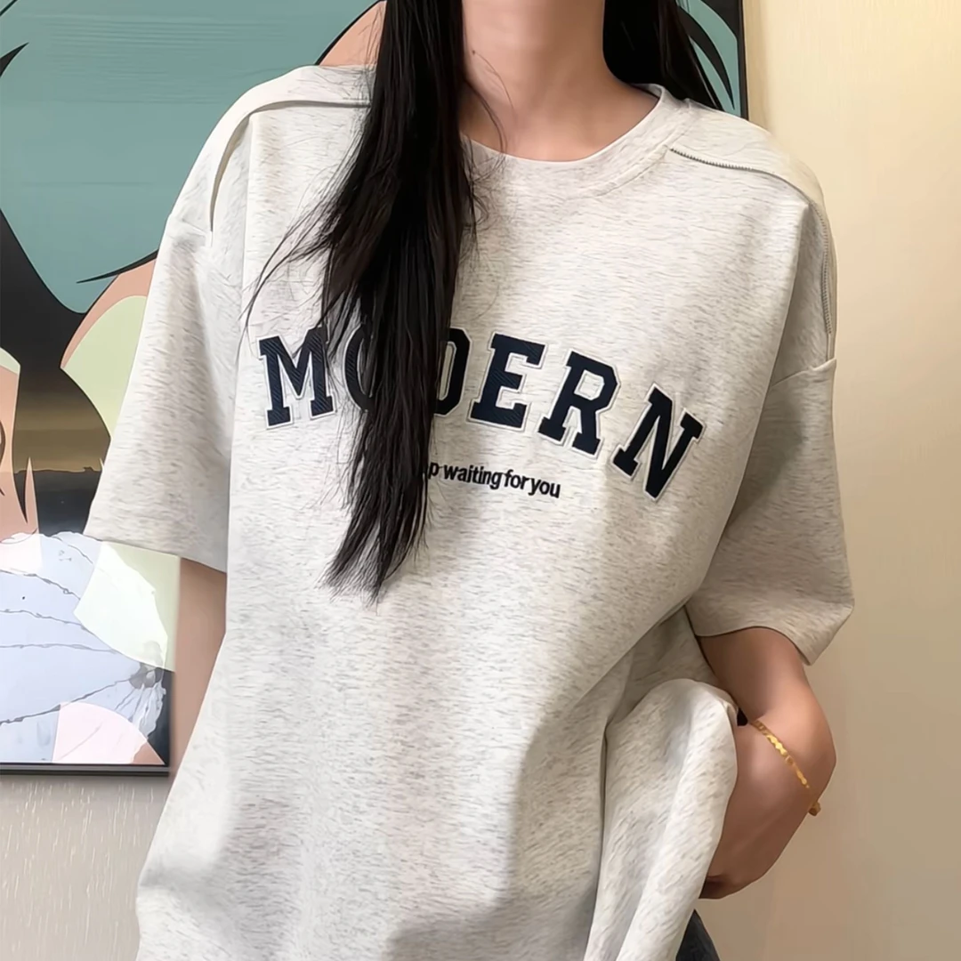 夏季新款字母刺绣短袖男t恤百搭圆领设计感拉链宽松凉感半袖上衣