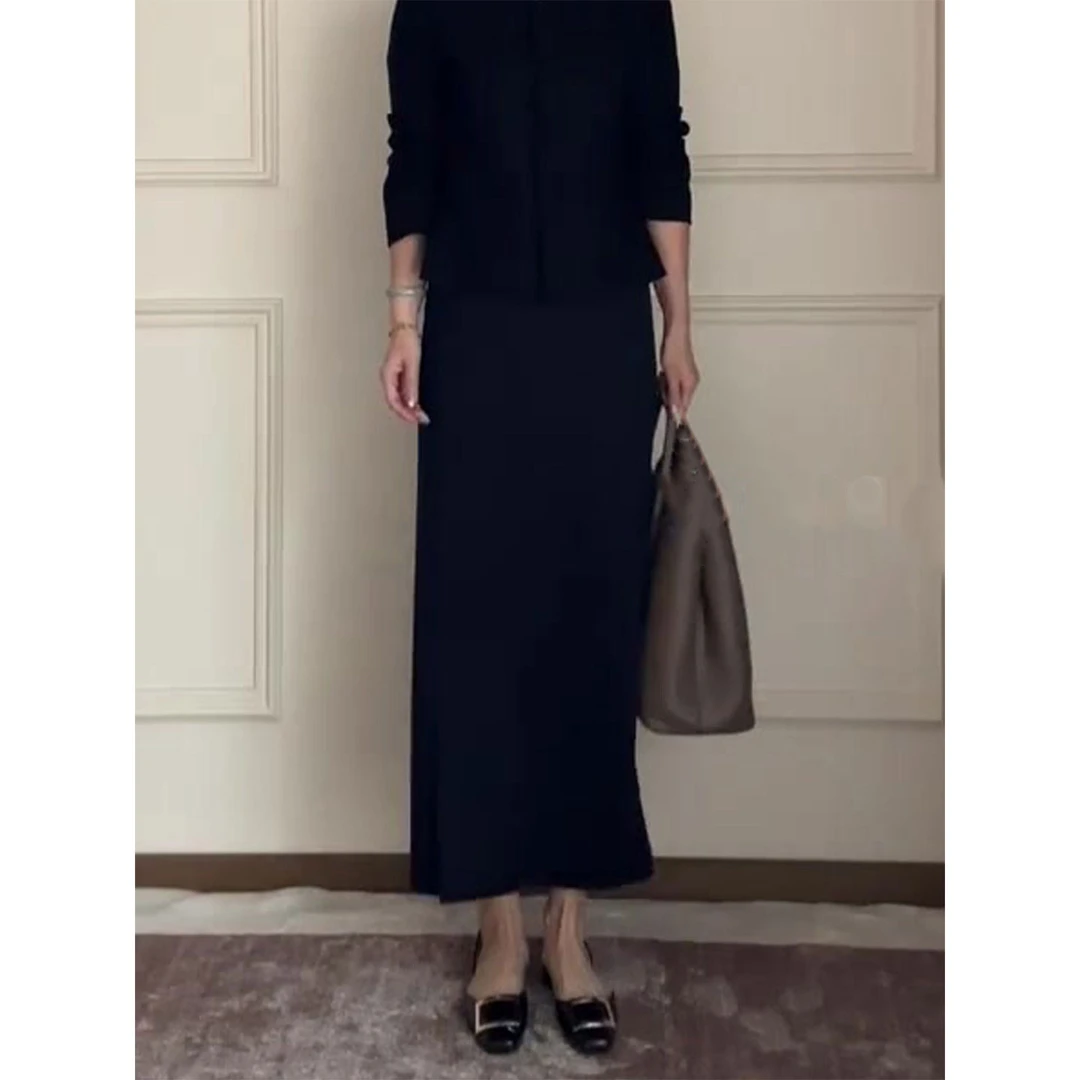 冬季款韩系黑色简约高腰宽松遮肉显瘦半身裙女大码垂感百搭直筒裙