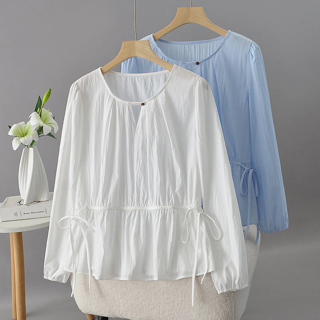 大码胖mm2025秋新款设计感圆领系带收腰显瘦长袖衬衫打底衫女1009