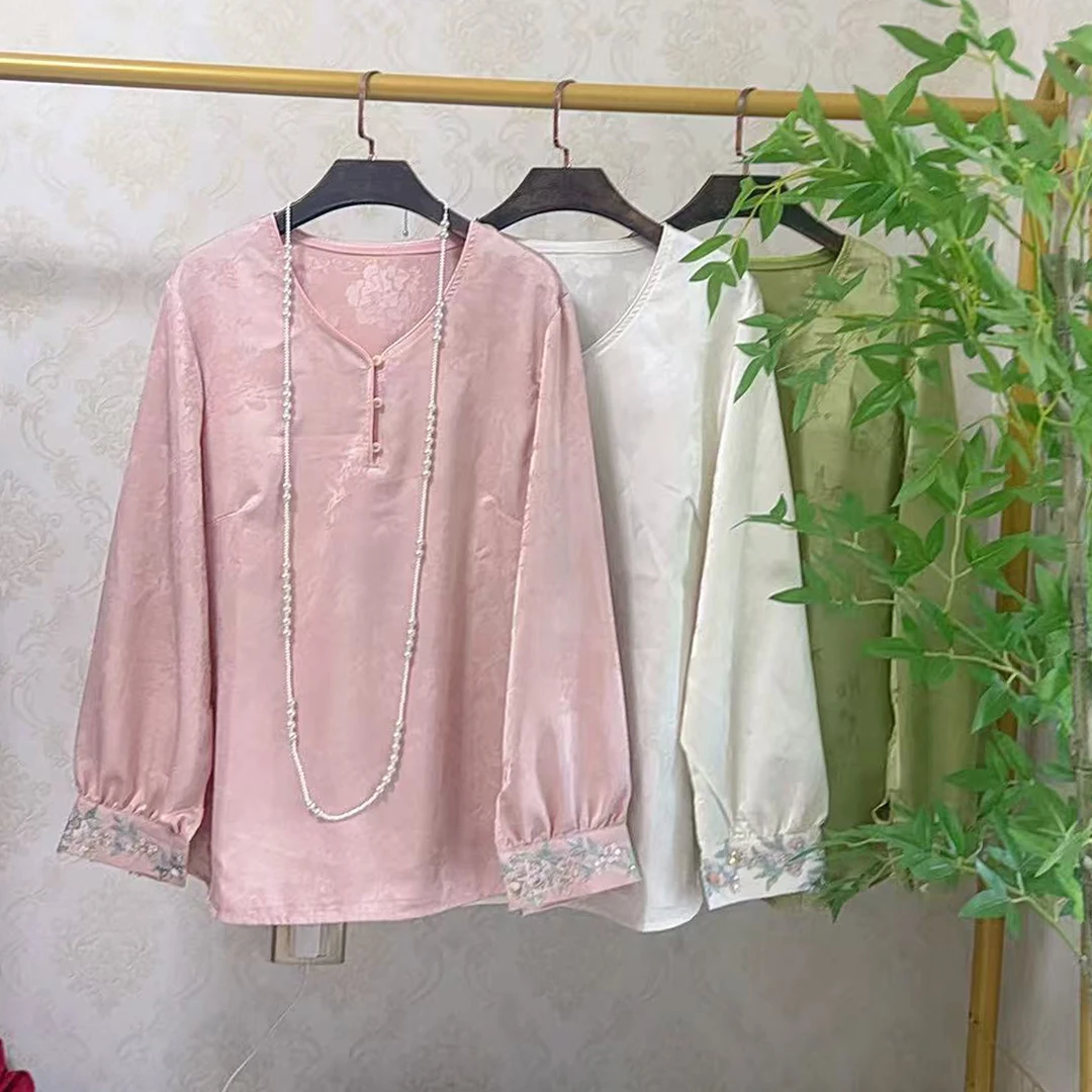 大聪秋季新款大码新中式套头衬衫国风提花缎面打底衫上衣77296