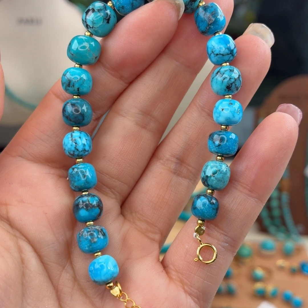 绿松石银S925镀金镶嵌手链