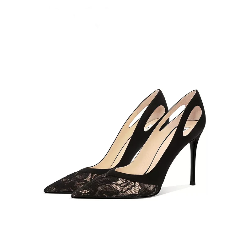 真皮黑色网纱高跟鞋女2025年新款夏季透气蕾丝尖头细跟镂空高能感