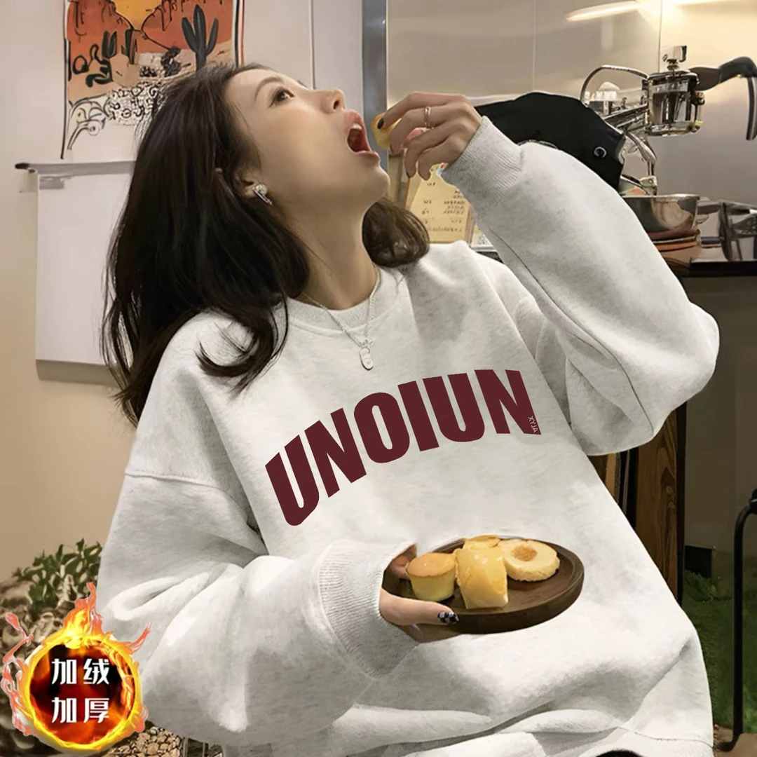 加绒加厚卫衣女2024秋冬季圆领宽松爆款情侣内搭打底衫秋冬长袖YF