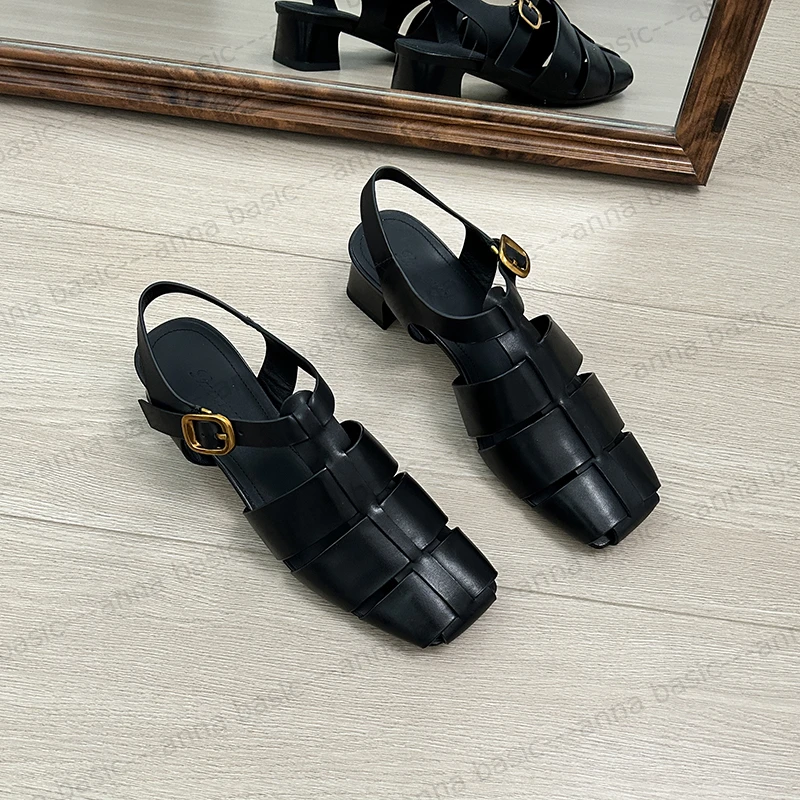 0132/4cm/牛皮罗马凉鞋女夏季新款真皮编织法式粗跟中跟猪笼鞋