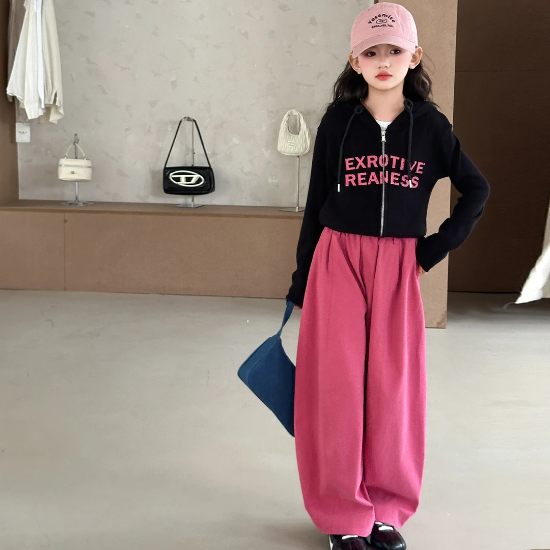 女童网红爆款时髦秋装套装2025新款女大童洋气连帽开衫外套阔腿裤