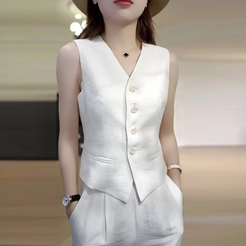 时尚百搭纯色套装女2025年夏季新款无袖背心马甲阔腿长裤两件套潮