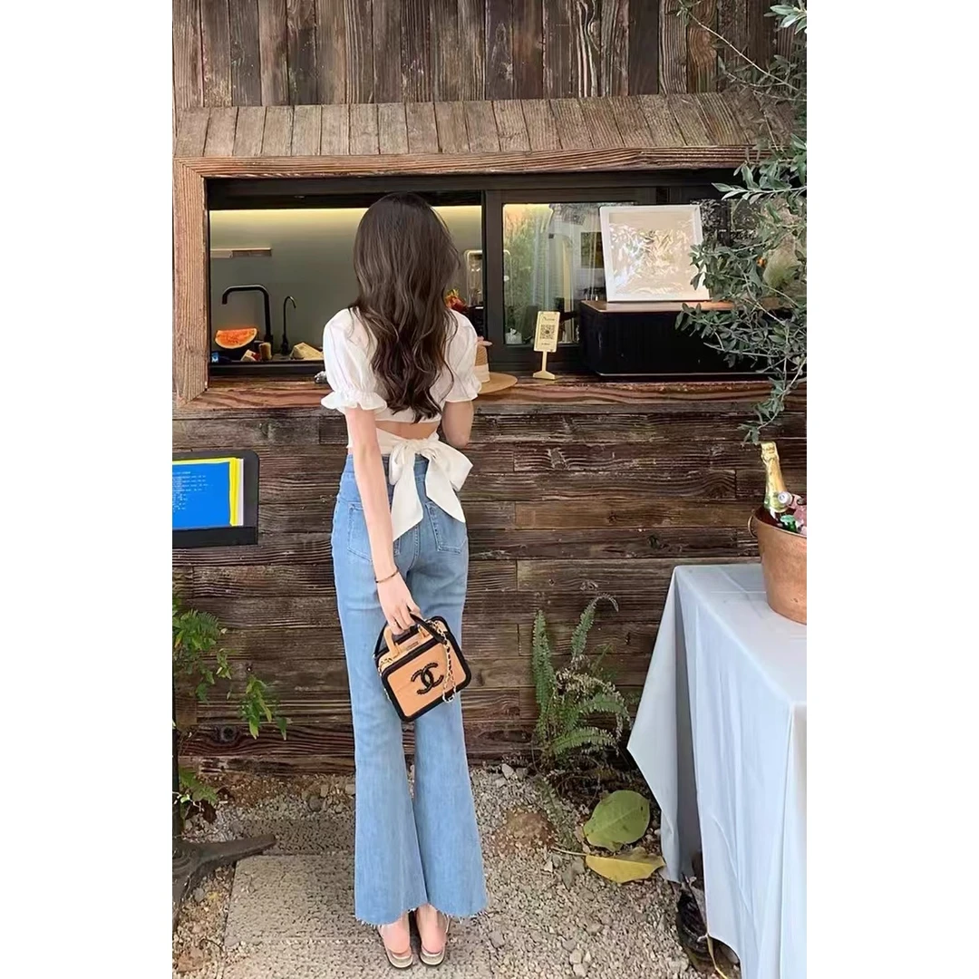 子芸定制【腿精】显瘦高腰蓝色直筒微喇百搭牛仔裤预JJC5NZK0129