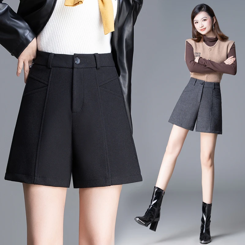 【有里衬】灰色高腰毛呢短裤女秋冬百搭外穿显瘦a字裤休闲靴裤子