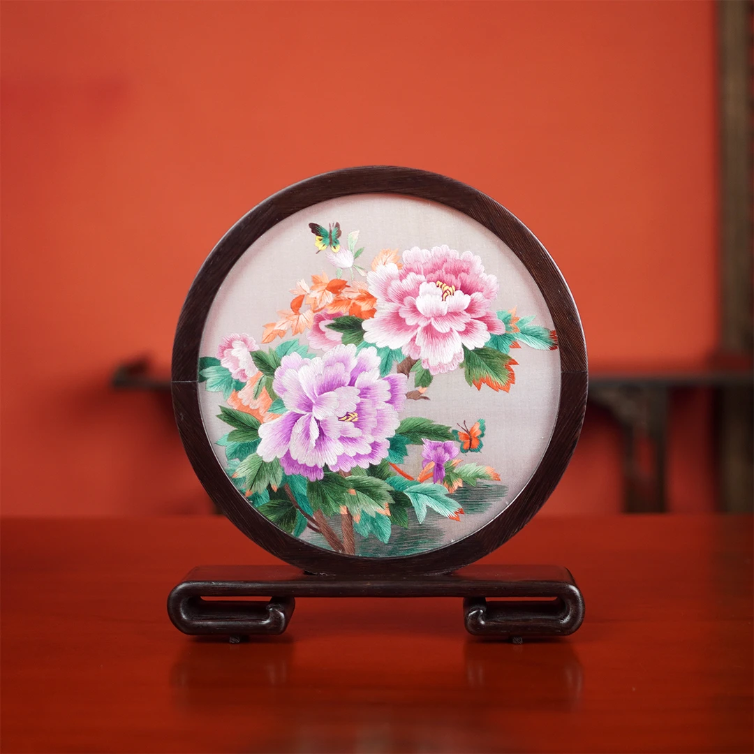 纯手工苏州刺绣苏绣成品双面绣摆件 牡丹 国色天香