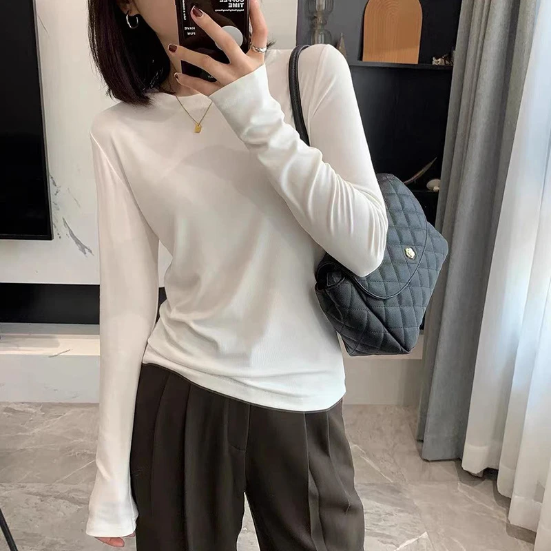 现货韩系简约长袖t恤女2025春韩版女装白色打底体恤纯色圆领上衣