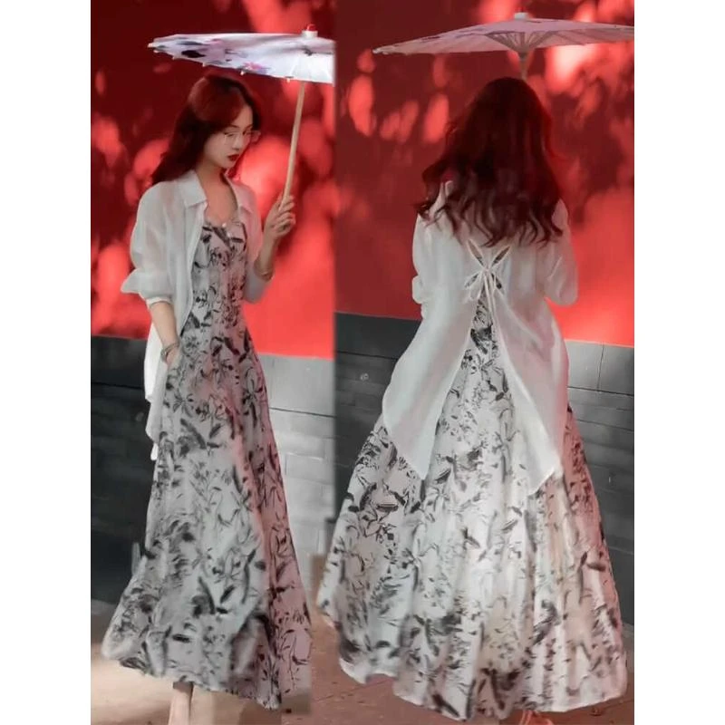 水墨画连衣裙套装女2024夏季新款高级感宽松吊带长裙子搭防晒衬衫