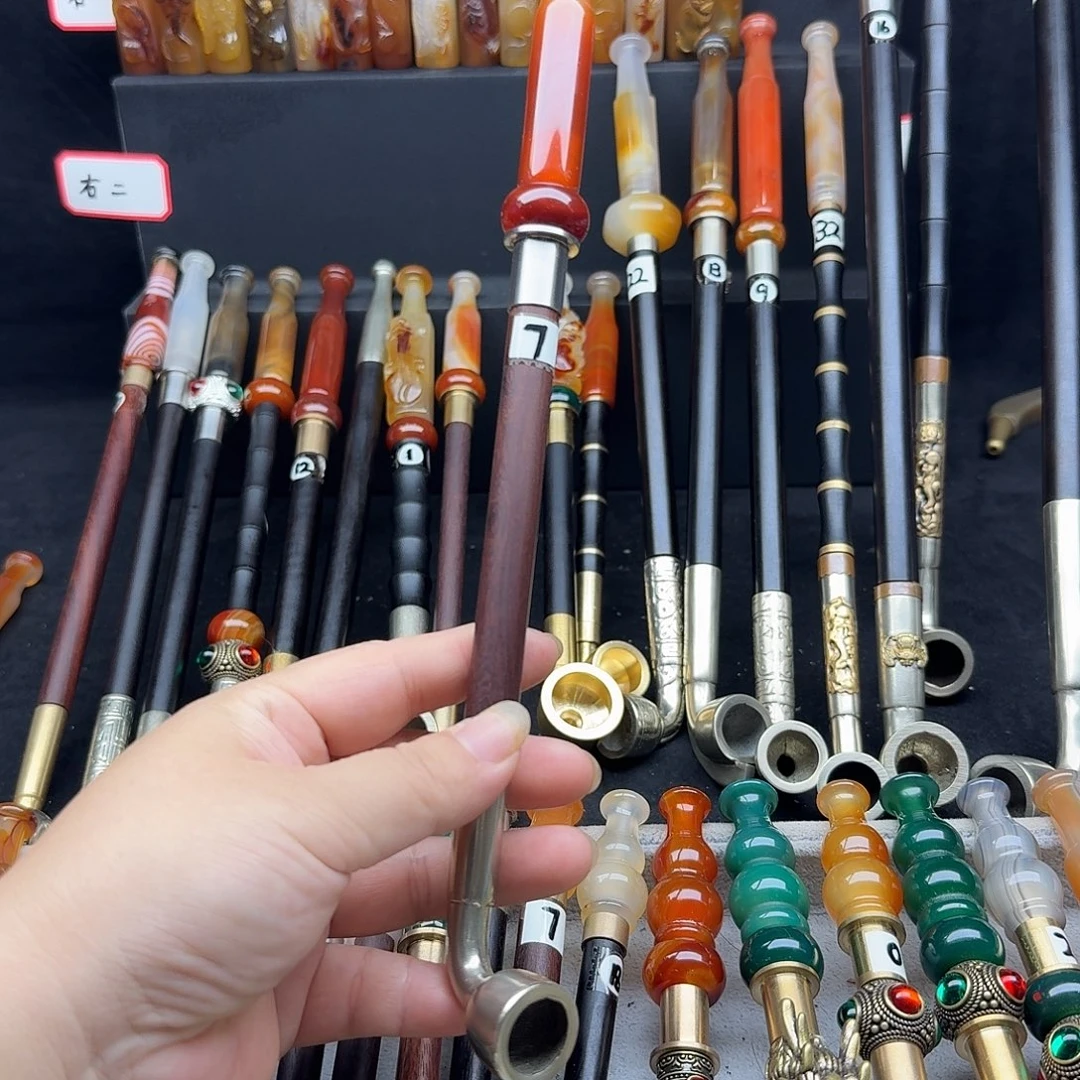 吴***湿旱烟袋27厘米白铜烟锅玛瑙嘴