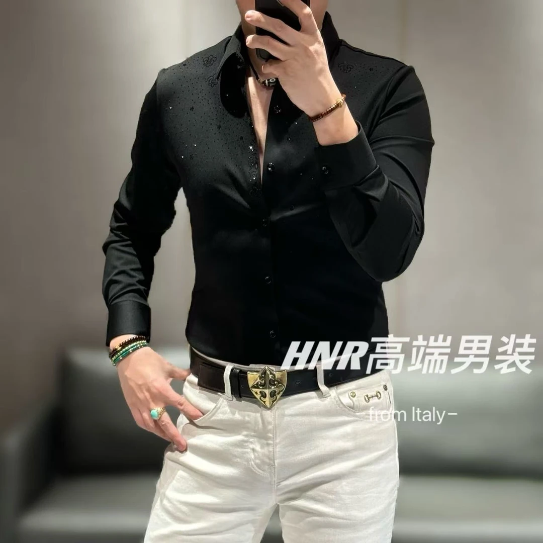 满天星奥钻点缀工艺弹力莱卡面料新款高端男士衬衫82519