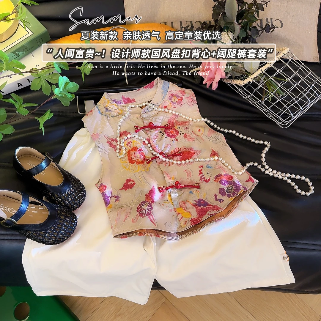 （断板雪纺）亲子2025夏季新款儿童复古休闲印花中国风爆款无袖套装