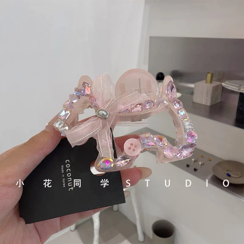 韩国饰品2025新款淡粉色浅粉色果冻粉满钻水钻小狗狗发抓夹头饰