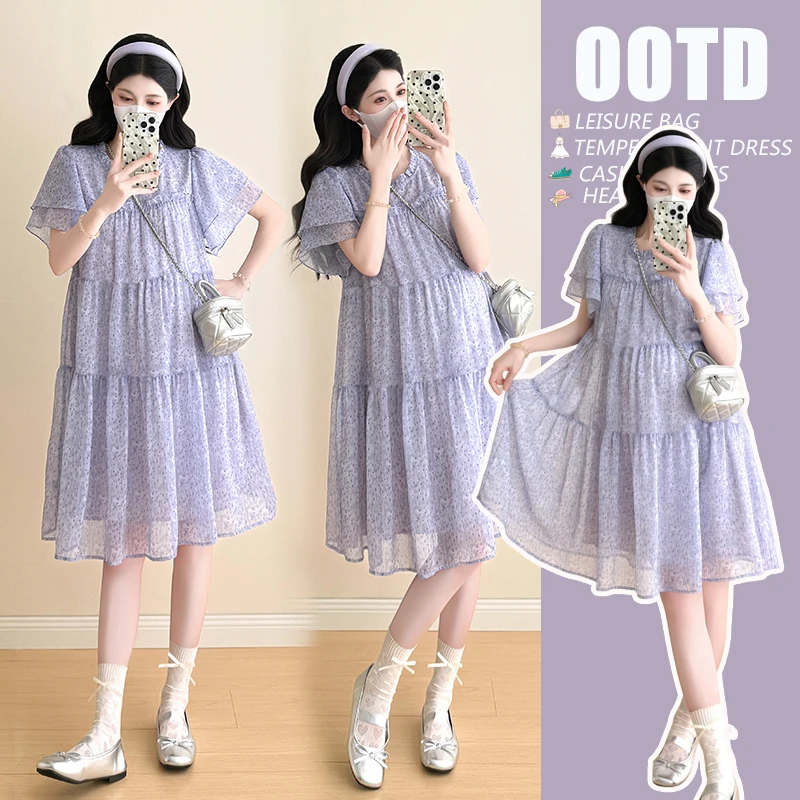 2025孕妇装法式木耳边温柔显白蛋糕裙宽松显瘦紫色仙气裙大码